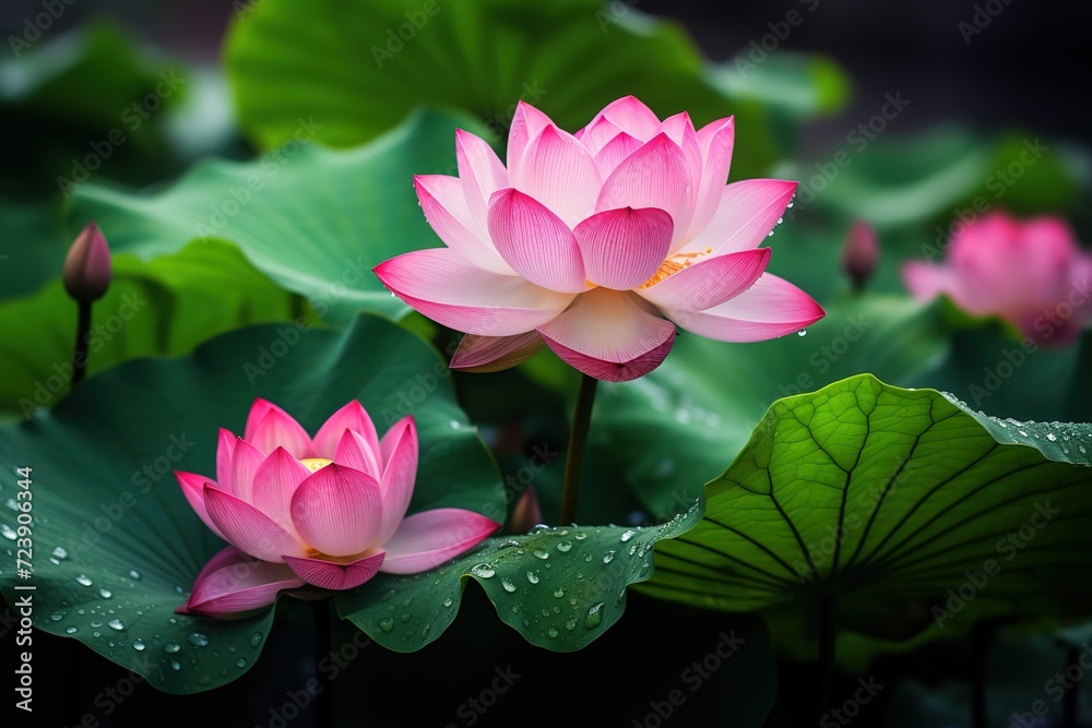In the summer pond, the tender green lotus leaves and pink lotus flowers cover the water, and there are dewdrops on the lotus leaves, macro lenses, photography In the summer pond, the tender green lotus leaves and pink lotus flowers cover the water, and there are dewdrops on the lotus leaves, macro lenses, photography