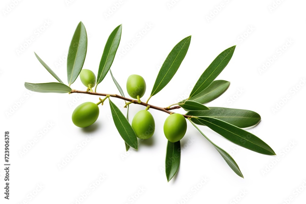 olives with leaves and stems from olive trees on a white background