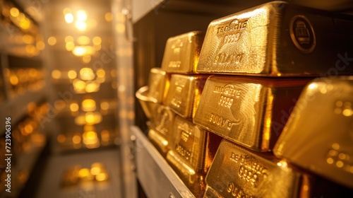 Macro shot of gold bars in a central bank vault, economic stability reports in the backdrop