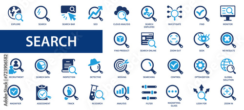 Search flat icons set. Magnifying glass, research, explore, control, search bot, inspection icons and more signs. Flat icon collection.
