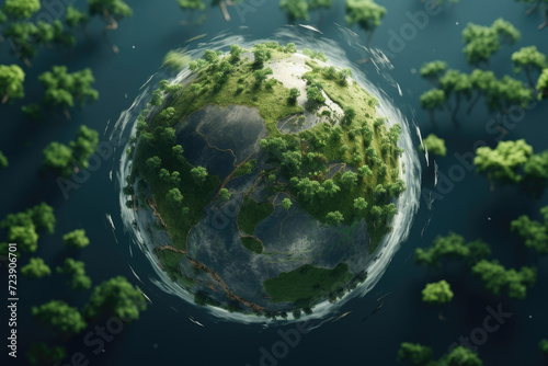 Small planet surrounded by lush green trees. Perfect for illustrating beauty of nature and environment