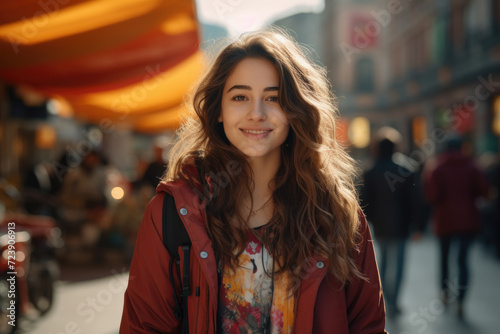 Wallpaper Mural Woman standing on sidewalk in city. Suitable for urban lifestyle themes Torontodigital.ca