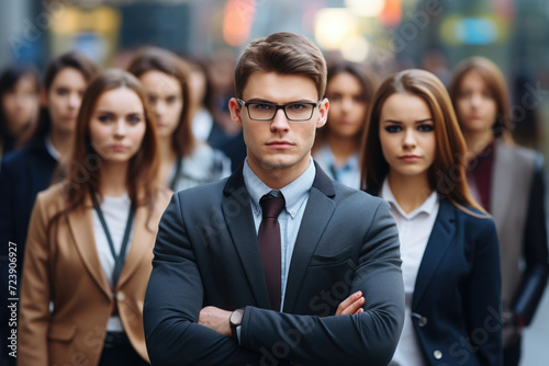 Man in suit and tie confidently stands in front of group of people. This image can be used to represent leadership, teamwork, business meetings, or presentations