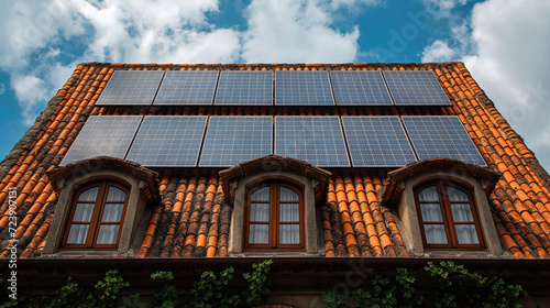 Solar panels on the roof of a house, the era of clean energy from the sun, help reduce global warming