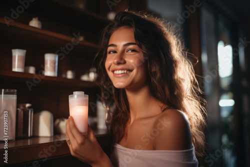 Woman holding candle in front of shelf. This image can be used to create cozy and intimate atmosphere