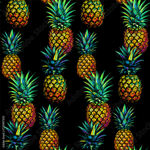 multicolor pineapple - Seamless pattern, realistic sketch, vintage style, vector botanical illustration