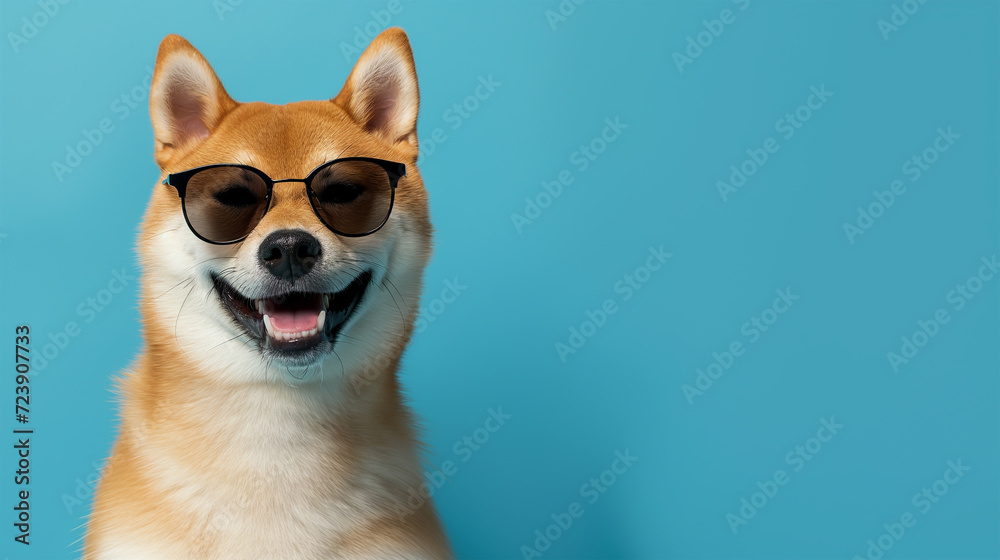 Smile Shiba inu dog wearing sunglasses on a blue background with copy space