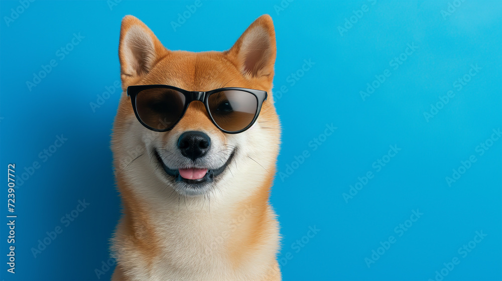 Shiba inu dog wearing sunglasses on a blue background with copy space