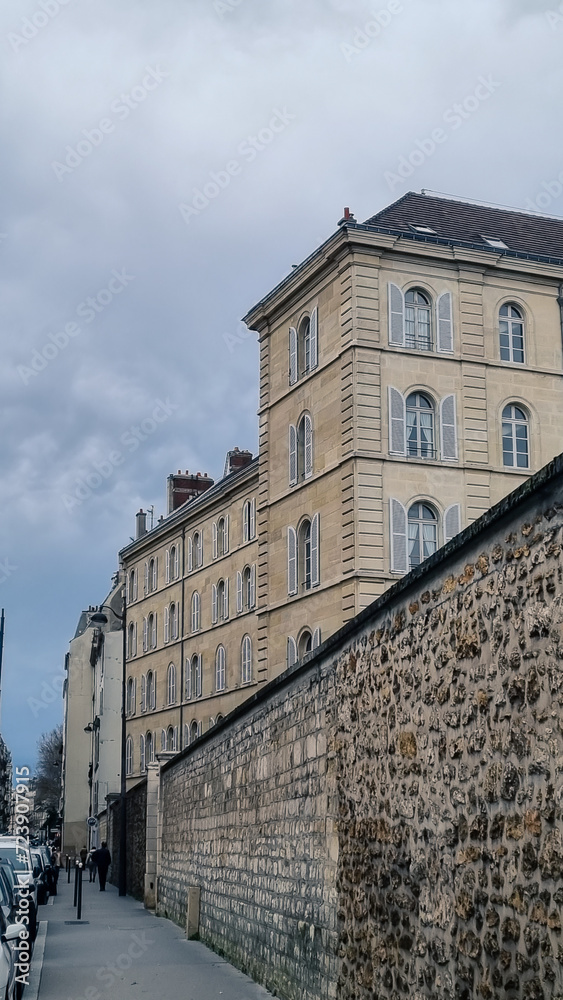 Architecture of houses on the streets of Paris. Architecture details Modern building Facade geometric in Paris