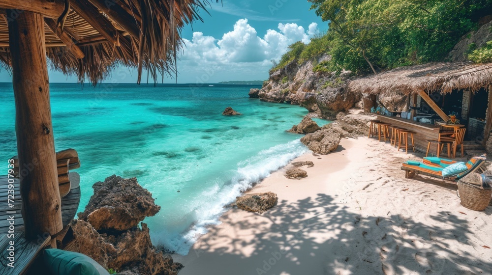 Tropical Beach Resort Landscape with Turquoise Waters, Sandy Shore, and Lush Trees under a Blue Sky – A Perfect Vacation Paradise