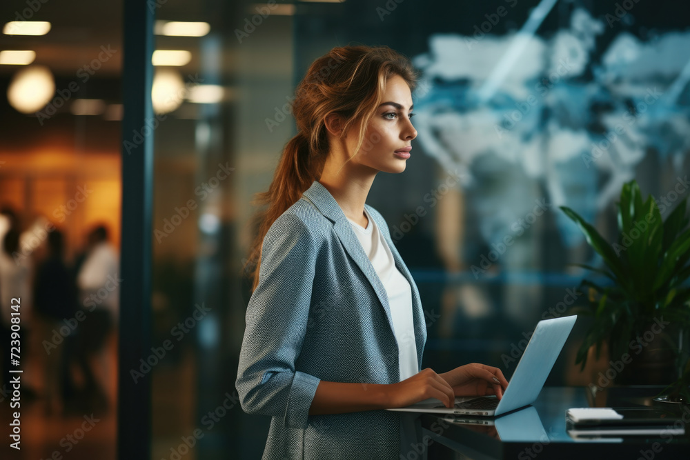 Woman standing in front of laptop computer. Suitable for technology-related projects Woman standing in front of laptop computer. Suitable for technology-related projects