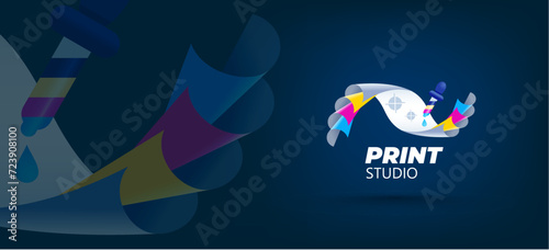 Cmyk Print logo. Sheets of paper and pipette ink. Template design vector. Black background.
