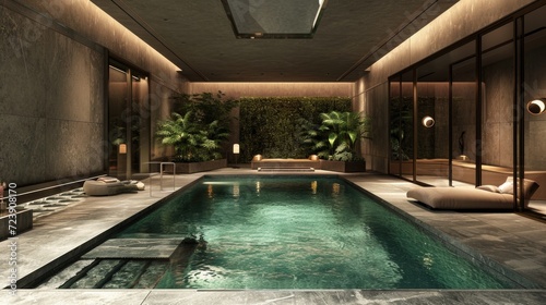 Modern light interior swimming pool room, luxury swimming pool © suphakphen