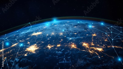 Earth from space showing city lights and a glowing network of connections