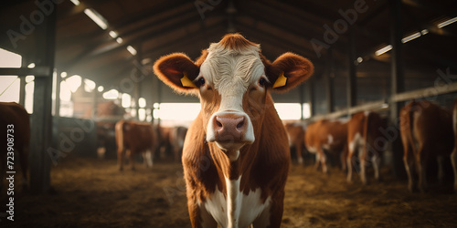 portrait of a dairy cow inside the facilities of a cow farm - dairy farm industry concept photo