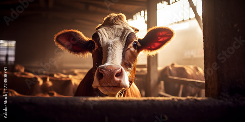 portrait of a dairy cow inside the facilities of a cow farm - dairy farm industry concept photo