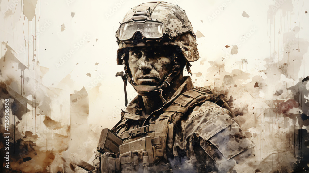 Double-exposure photo of a military man and a destroyed city on a background with spaces for copying. Generative AI Double-exposure photo of a military man and a destroyed city on a background with spaces for copying. Generative AI