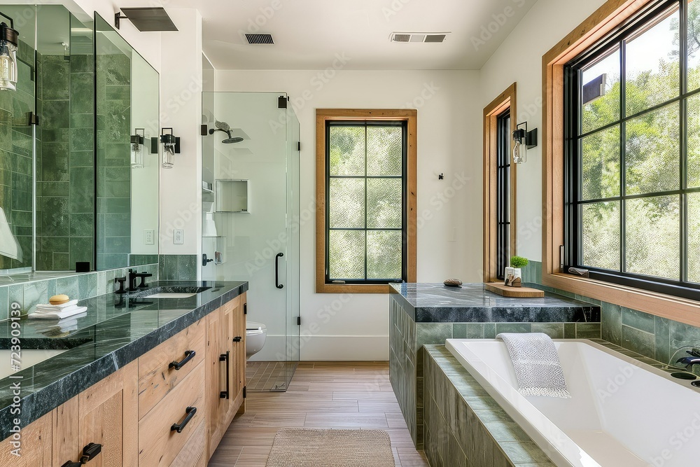 A Relaxing bathroom featuring natural wood, stone countertops, green glass tiles. A Relaxing bathroom featuring natural wood, stone countertops, green glass tiles.