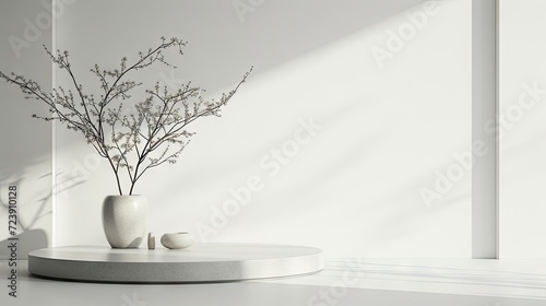 a white ground and a background as a platform to use to showcase a product, minimalist  © Sor