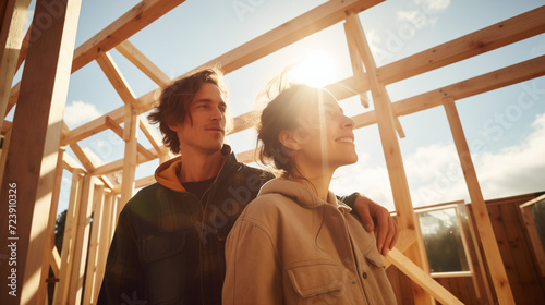 couple standing inside wooden frame construction of their future home. construction