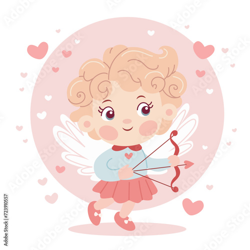 Cute baby cupid character with a bow, St. Valentine s day, pastel colours. Vector illustration in flat cartoon style © Biscotto Design