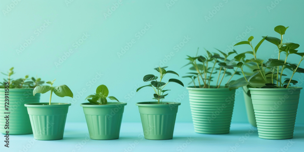 Obraz premium Background with copy space and a series of graduated green biodegradable plant pots, highlighting the growth stages of plants and promoting sustainable planting practices.