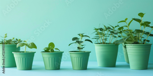 Background with copy space and a series of graduated green biodegradable plant pots, highlighting the growth stages of plants and promoting sustainable planting practices.