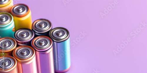 Banner with copy space and a collection of colorful used batteries arranged against a soft purple background, symbolizing the need for proper disposal and recycling. photo
