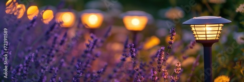 Banner with a set of solar-powered garden lights illuminating a bed of lavender plants in the evening, symbolizing sustainable energy use. photo