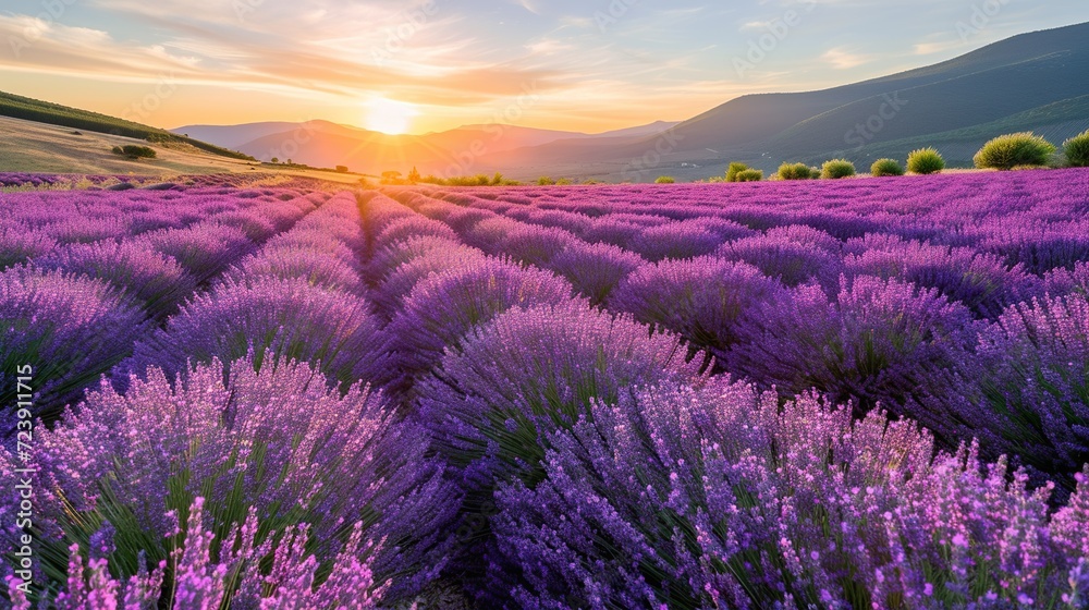 Fototapeta premium Endless lavender fields in the early morning light, with the rising sun 