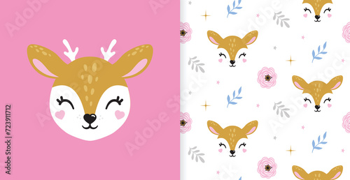 Illustration of cute deer, fawn. Baby, child, cute portrait. Little face, little animal, pet. Brown character. Sticker, wall art, kids room decoration, cutie full face, pattern seamless