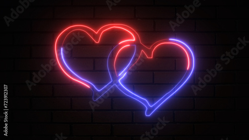 Glowing neon two heart shape suit icon. Red and blue color neon two heart shape Valentine's Day love card. Glowing neon hearts sign, outline card suit symbol and silhouette