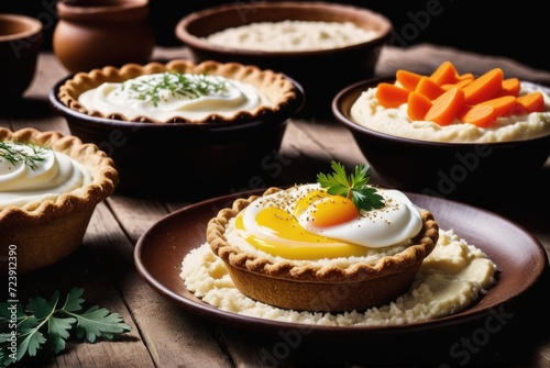 Small pastries made from thin rye crusts and filled with rice porridge, mashed potatoes by ai generated