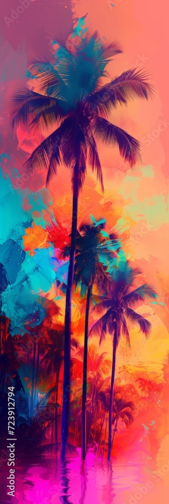 Colorful Illustration of Palm Tree in the Style of Light Leaks - Effervescent Summer Tree Holographic Composition - Nostalgia Summer Minimalism Background created with Generative AI Technology