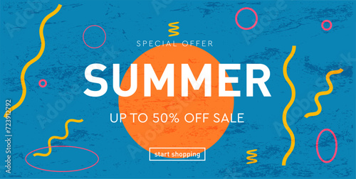Creative Summer Design with Graphic Memphis Element. Abstract Background Geometric Line, Stripe for Advertising, Web, Social Media, Banner, Cover. 3d Sale Offer 50%. Vector Illustration