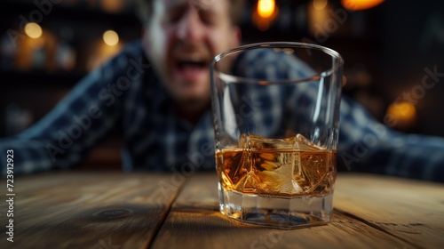 The problem of alcohol addiction destroys life. A disheveled, unshaven, exhausted man in a plaid shirt shouts at a glass of whiskey on the table, the desire and inability to give up alcohol photo