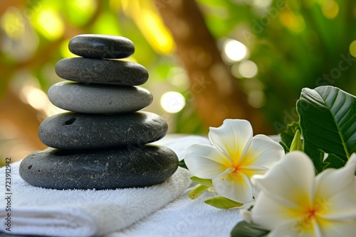 Black and white pebbles stacked with white frangipani flowers on a white towel with blurred greenery in the background