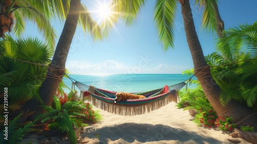 A dog is lying on a hammock under the coconut trees on a tropical beach © Adobe Contributor