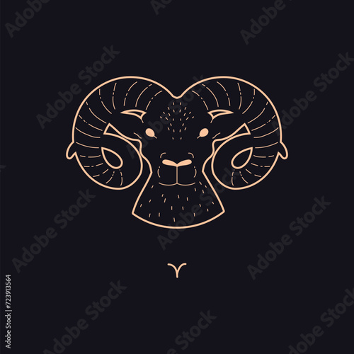 Aries zodiac symbol golden contour on dark background, Aries Horoscope vector sign, Astrological zodiac ram head