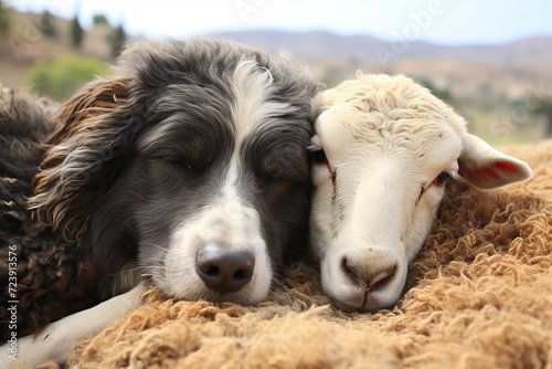 Dog and Sheep Cuddling on Wool Blanket.