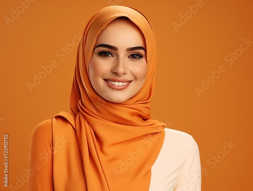 Portrait of Arabian woman wearing head covering on orange studio background with copy space Generative AI © Tony