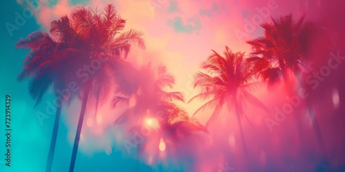 Colorful Illustration of Palm Tree in the Style of Light Leaks - Effervescent Summer Tree Holographic Composition - Nostalgia Summer Minimalism Background created with Generative AI Technology © GenerativeCreations
