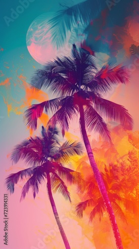 Colorful Illustration of Palm Tree in the Style of Light Leaks - Effervescent Summer Tree Holographic Composition - Nostalgia Summer Minimalism Background created with Generative AI Technology