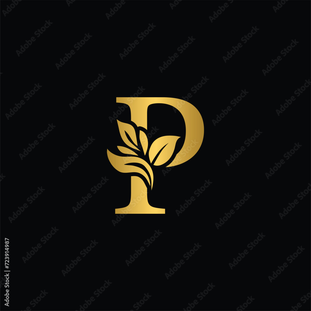 golden letter P flower letters. Vintage ornament initial Alphabet. Logo vector	
