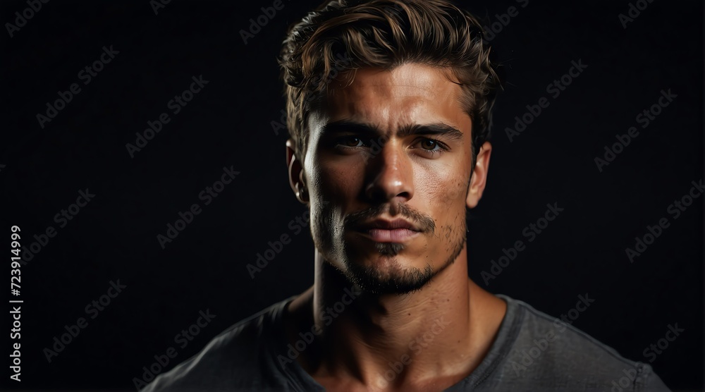 Upper body of a muscled toned handsome young male model on plain black background from Generative AI