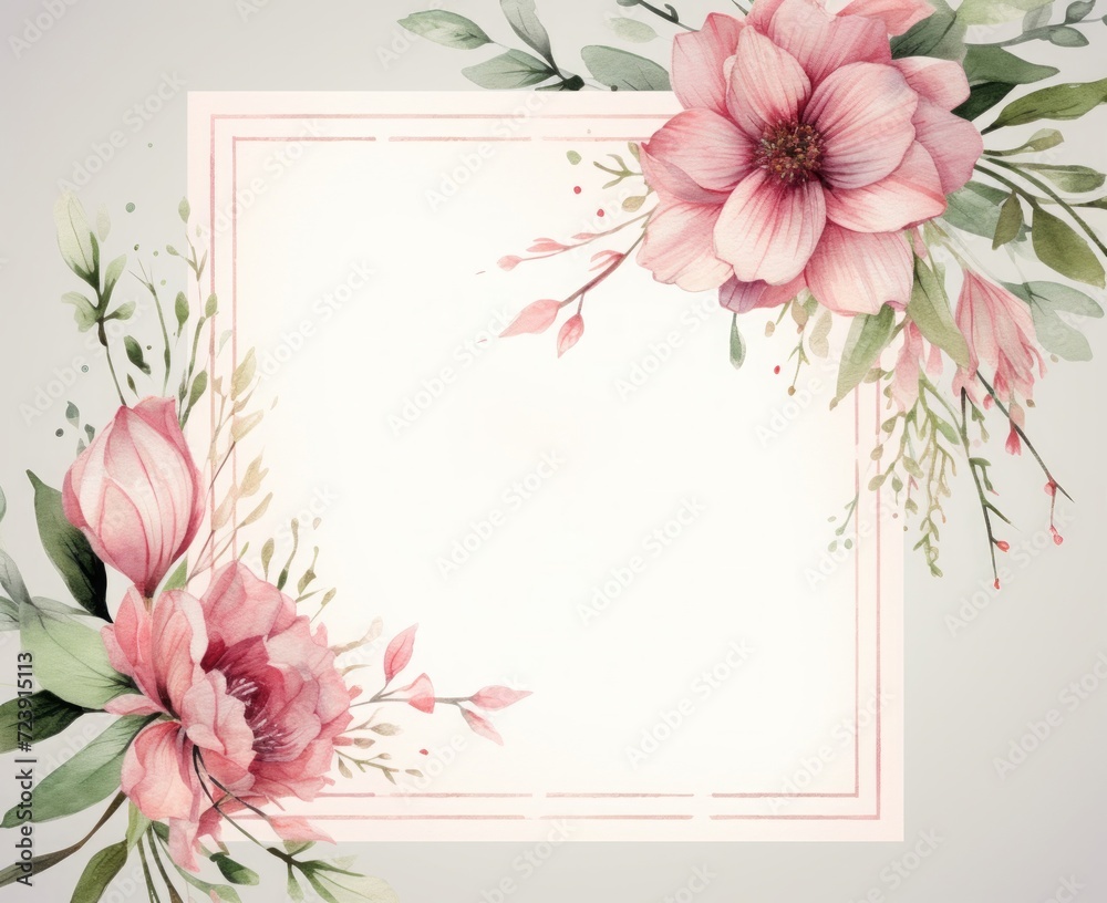 Floral wedding invitation. Wedding invitation greeting cards elegant vintage style. Wedding invitation card features pink flowers and green leaves.