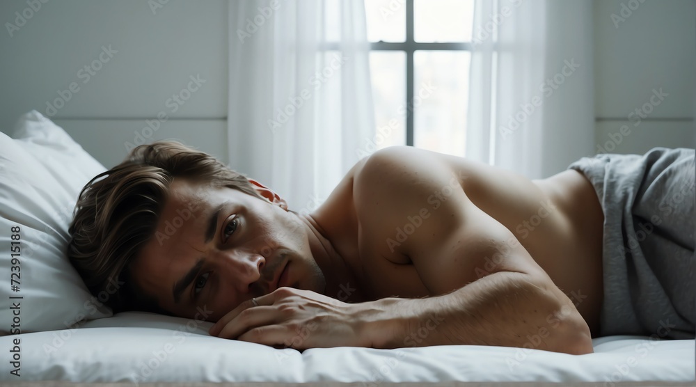 Attractive handsome fit intimate man shirtless lying on a white bed looking on camera from Generative AI - obrazy, fototapety, plakaty 