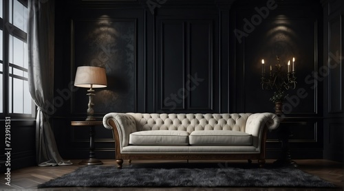 Vintage classic white sofa chair on plain black dark empty room background from Generative AI