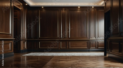 Close up of modern symmetrical classic brown wall panel molding and shiny wooden floor from Generative AI