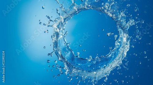 Clear water splash in form of circle. Transparent liquid on blue background